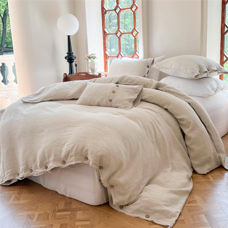 Simple&Opulence 100% Linen Duvet Cover Set 3pcs with Coconut Button Closure Natural French Washed Flax Solid Color Soft Breathable Farmhouse Bedding - Linen, King Size - Image 1
